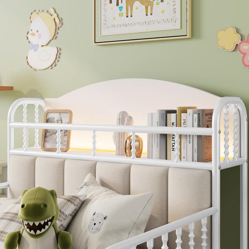 Kids Platform Bed Metal Frame with Linen Fabric Upholstered Storage Headboard Built-in Light Strip, Both Sides Rails