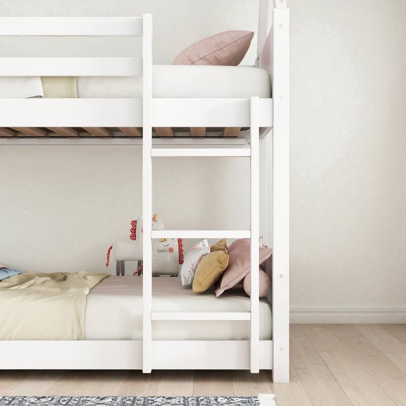 Twin over Twin House Bunk Bed with Roof Frame, Guardrails, Ladder and Headboards, Rubber Wood Kids Floor Bed