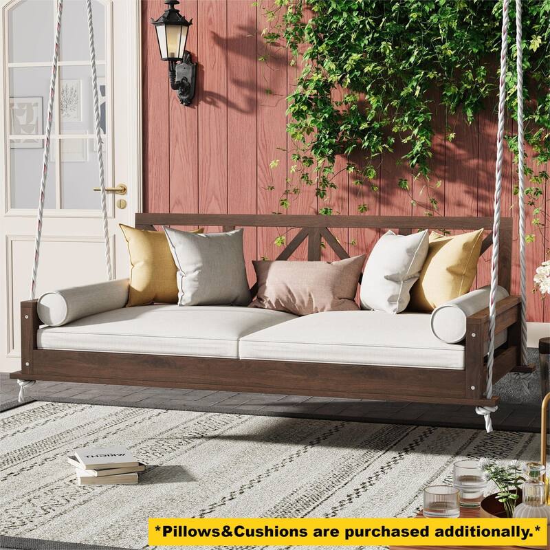 Durable Acacia Wood Twin Size Patio Swing Bed with High Backrest and 16.4ft Hemp Ropes