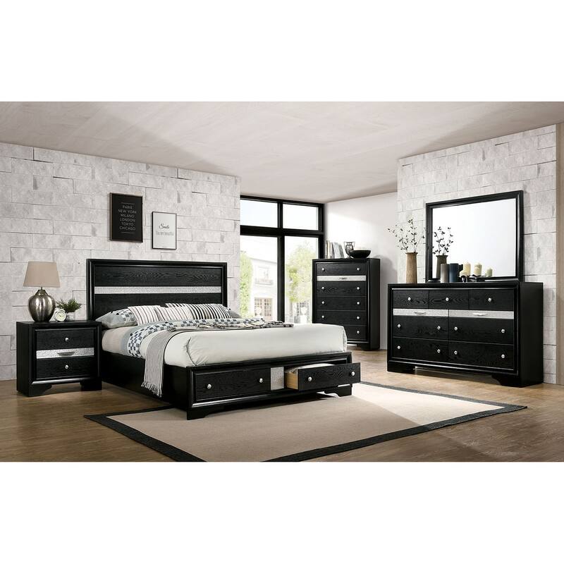 Contemporary Queen Size Black Solid Wood Bed with Storage, Mattress Ready, Master Bedroom Furniture