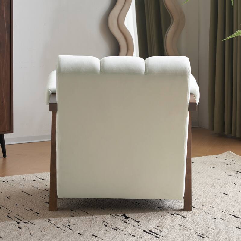 Roomfitters Mid-Century Modern Tufted Accent Chair with Walnut Solid Wood Frame and Inverted V-Legs, Ivory