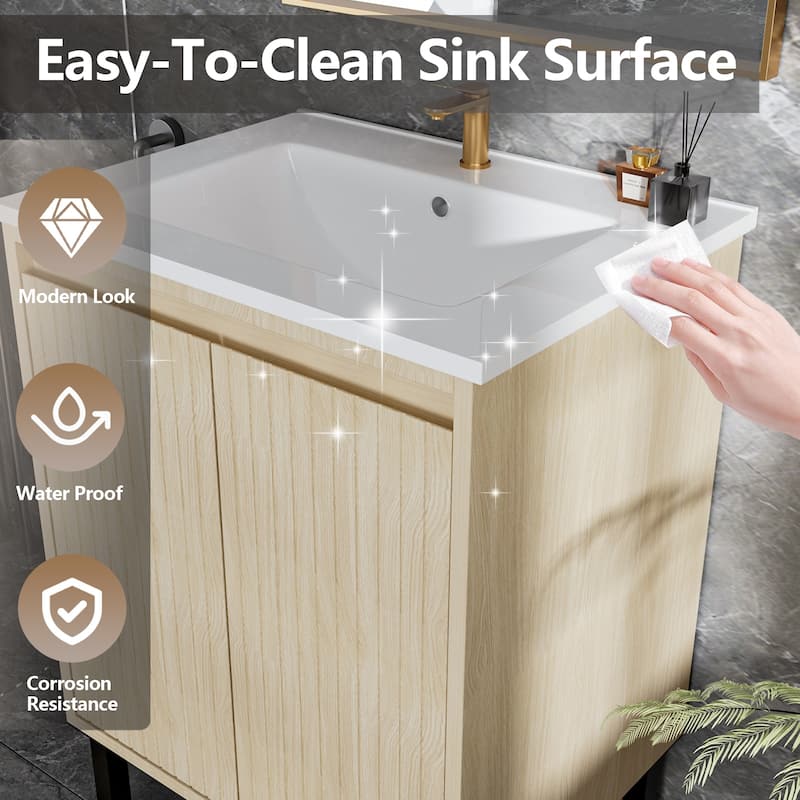 24 Inch Bathroom Vanity with Sink, Floor Standing MDF Cabinet with Soft-Close Drawers and Modern Design