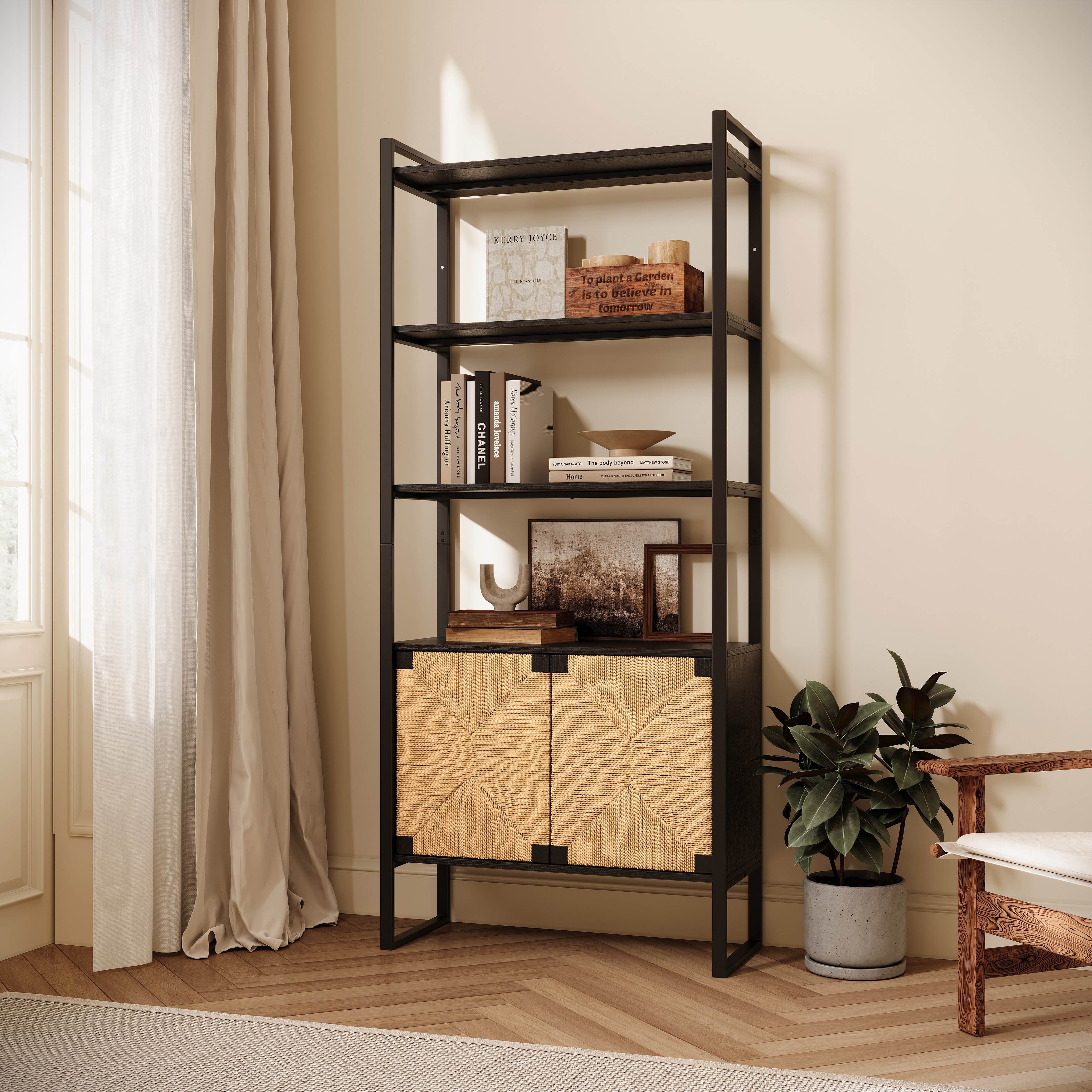 72.83'' Tall Rattan Cabinet Door Storage Bookshelf with Open Storage