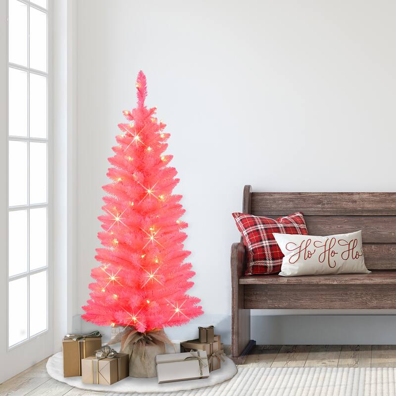 Puleo International 4 ft Pre-Lit Pink Artificial Tree in Burlap Sac