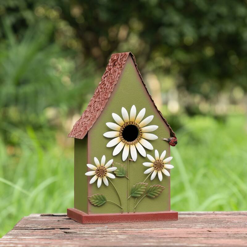 Glitzhome 52.5''H Blue Green Metal Sunflower Decorative Garden Birdhouse with Stake - Green
