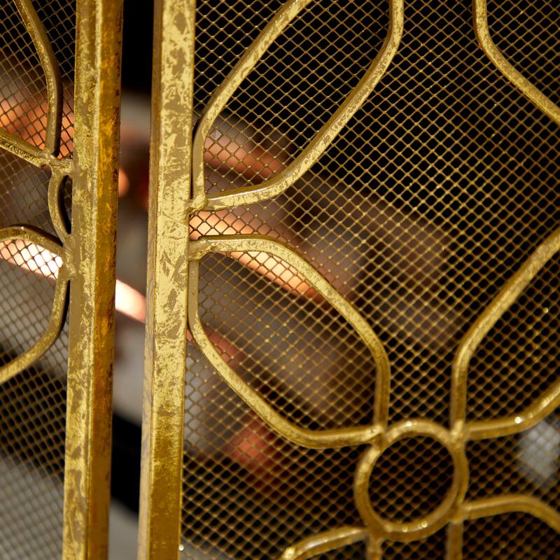 Gold Metal Foldable Mesh Netting 3 Panel Geometric Fireplace Screen