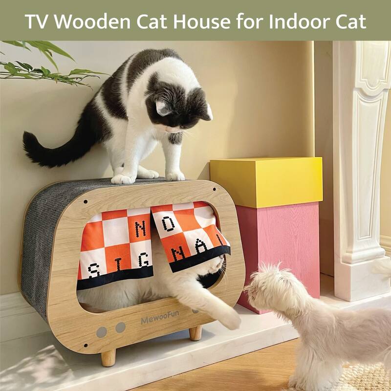 Wooden TV-Shaped Cat Bed, Cat House with Cushion
