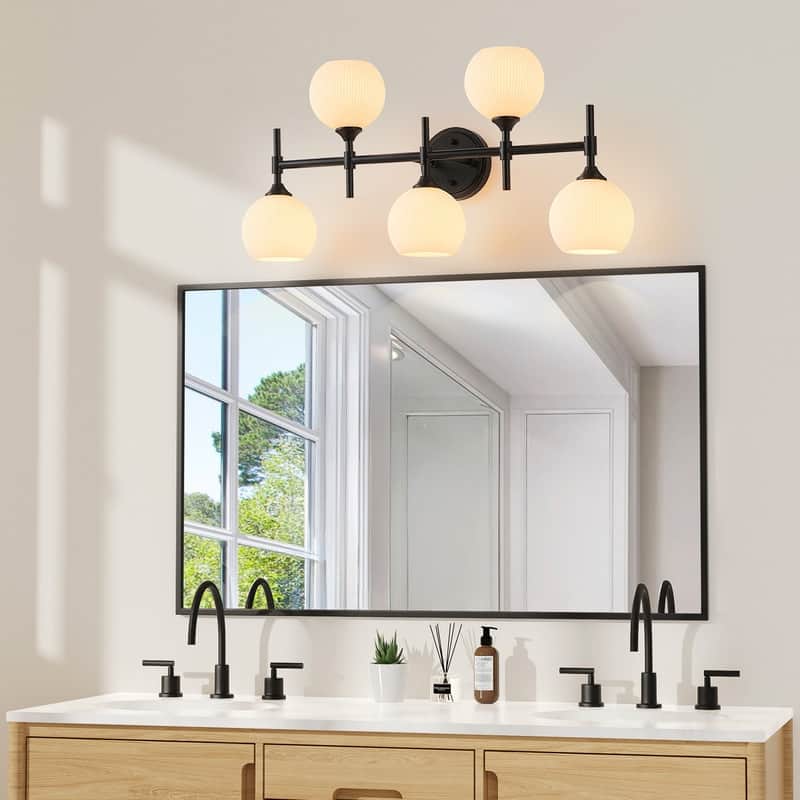 KAWOTI 5-Light Dimmable Bathroom Vanity Light with Frosted White Glass - L27.75" * H13"