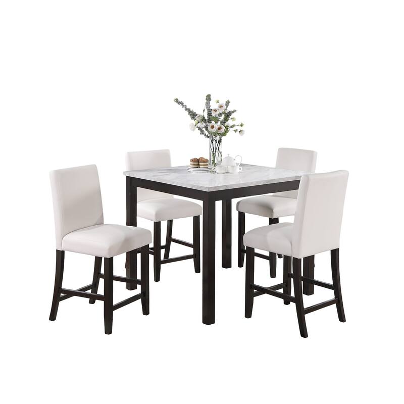 5 Pcs Counter Height Dining Set, Kitchen Dining Room Furniture Set with Faux Marble Square Table and Faux Leather Chairs