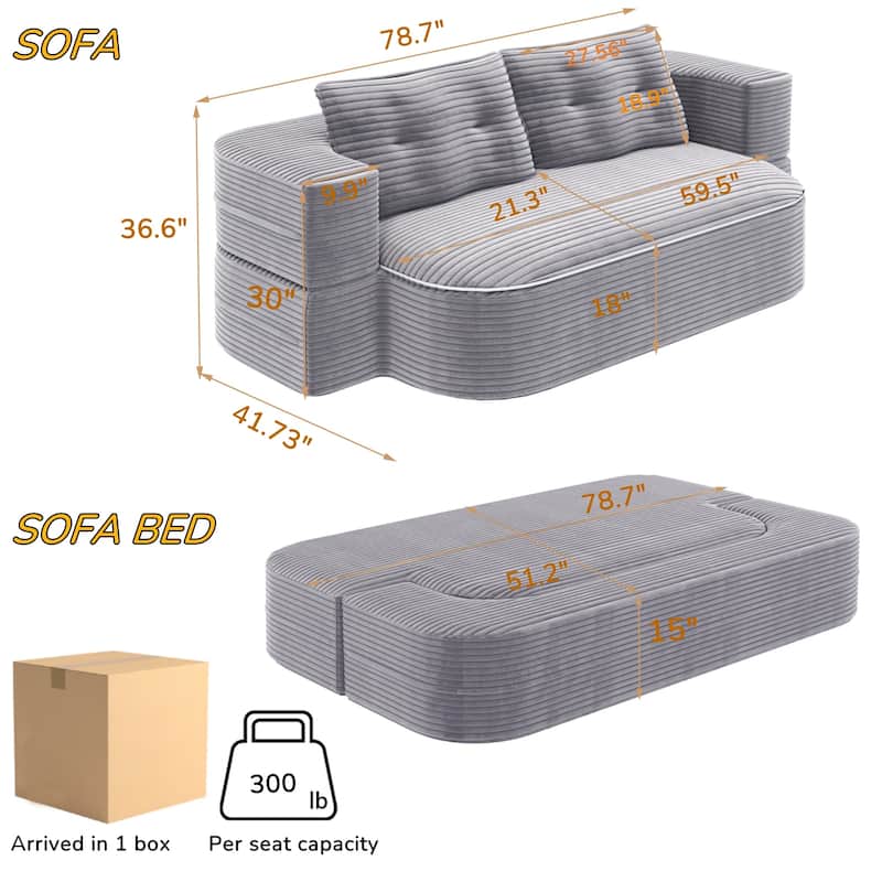 78.7" Modern Convertible Corduroy Sofa Bed with 2 Pillows, Floor Deep Seat Sleeper Couch, Foldable 2-in-1 Sofa for Living Room