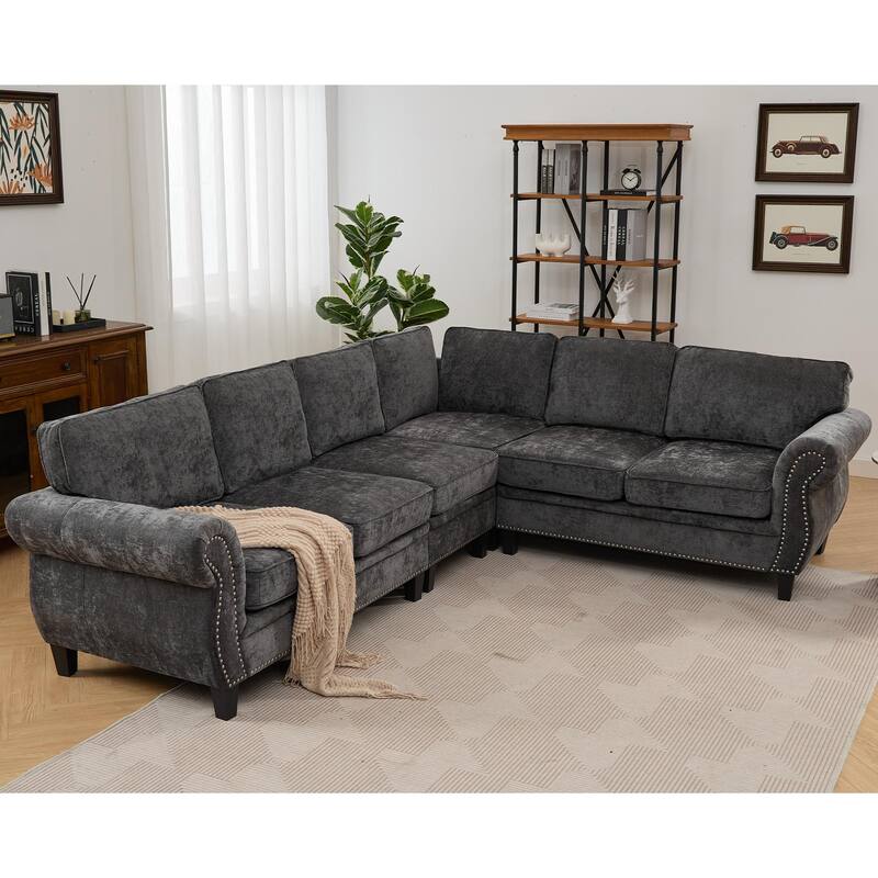 109.5" Chenille 6-Seater L-Shaped Sofa with Rolled Armrests