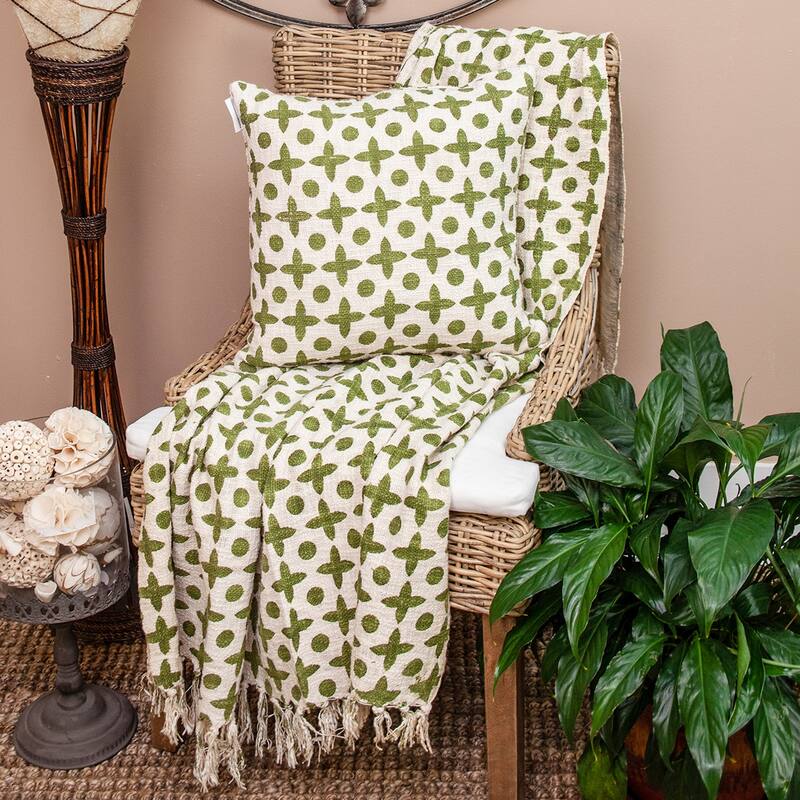 18" Beige Printed Cotton Throw Pillow