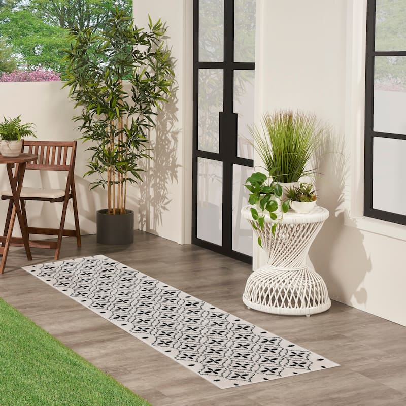 Nourison Sandy Indoor / Outdoor Blue Moroccan Area Rug - 8' Runner - Ivory/Black