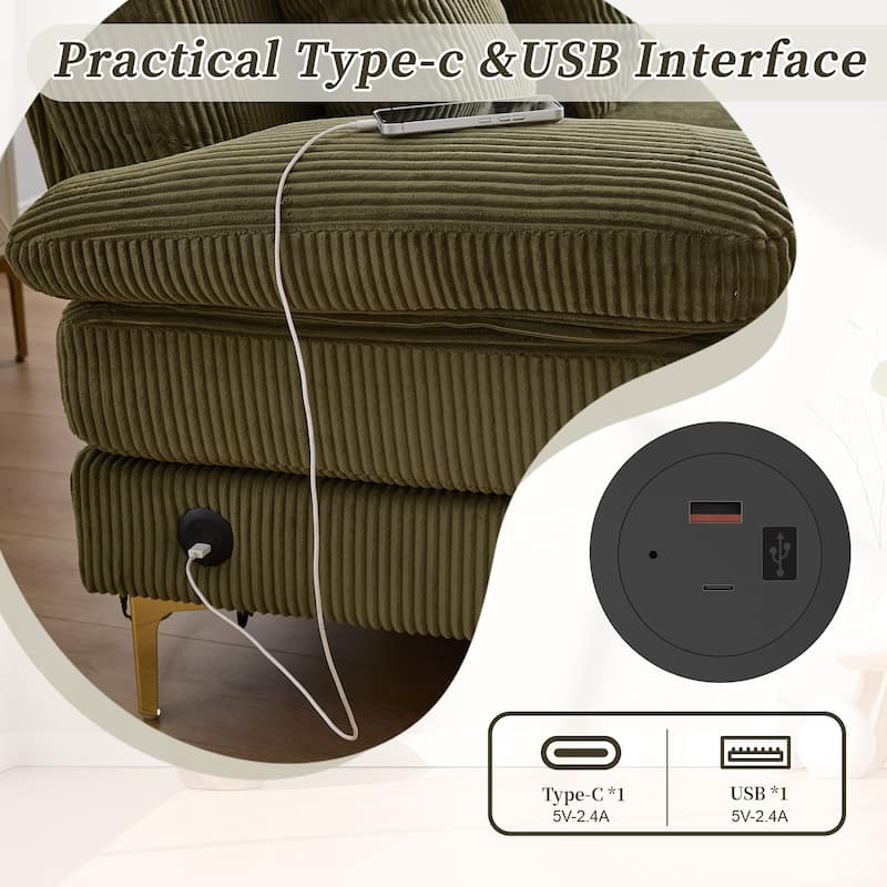 HOMEFUN Corduroy Upholstered U-shaped Adjustable Light Modular Sectional Sofa With Type-C and USB ports