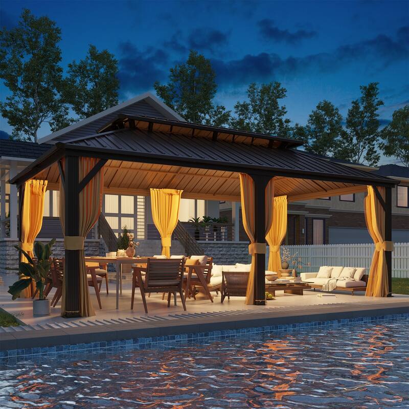 Erommy Hardtop Gazebo with Galvanized Steel Double Roof & Aluminum Frame, Outdoor Gazebo with Curtains and Nettings