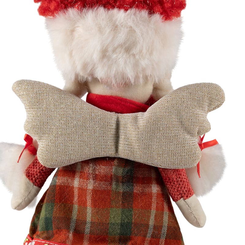 Plaid Angel Girl with Braided Pigtails Christmas Ornament - 8.5" - Red and Cream