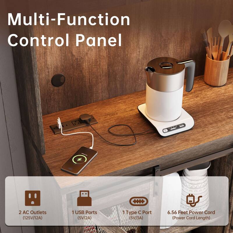 Gymojoy 71" Farmhouse Pantry Cabinet with LED Lights & Charging Station, Tall Kitchen Storage with Adjustable Shelves