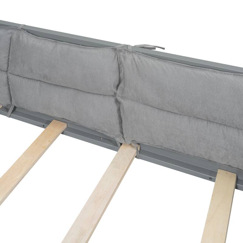 Wooden Platform Bed with Guardrail and Pillow Upholstered