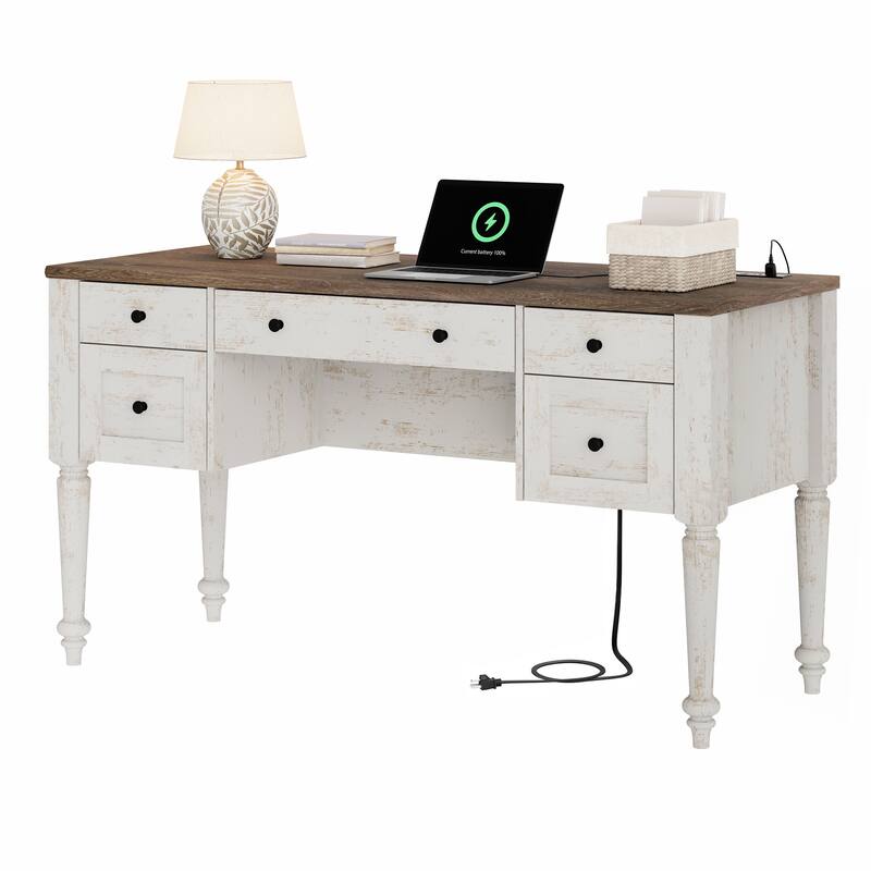 56'' Farmhouse Executive Desk with Drawers White/Oak - 5 Drawers and 2 Doors