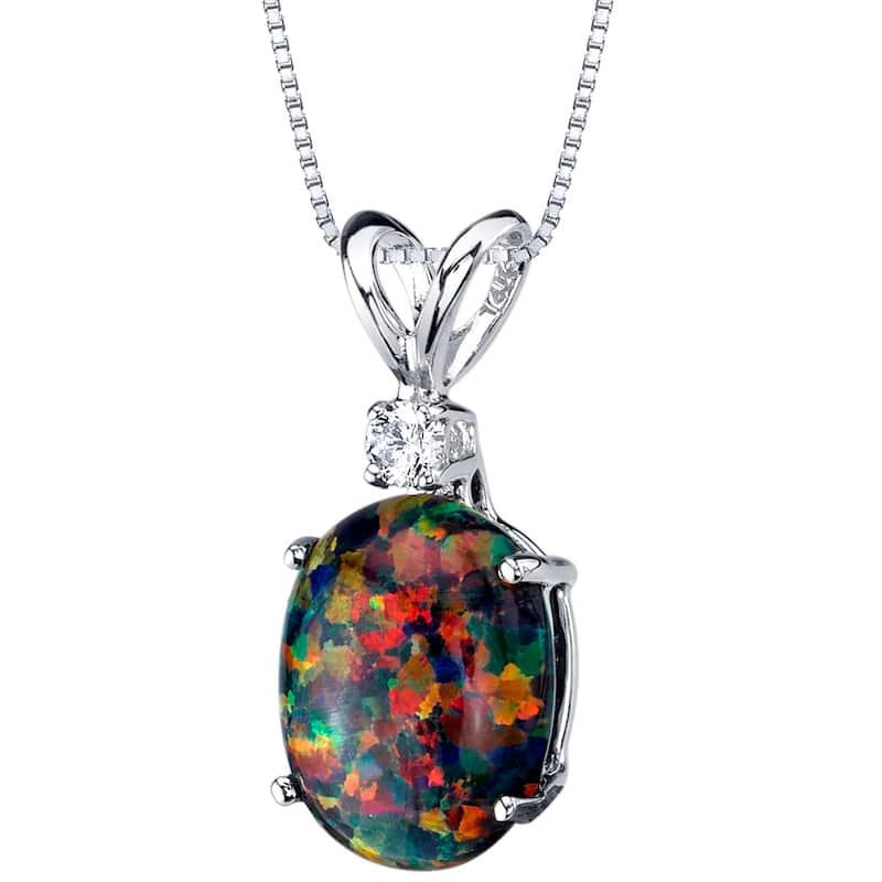 14k White Gold Gold Oval Shape Created Black Opal Diamond Pendant