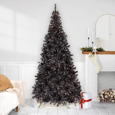Pre-Lit Artificial Tinsel Halloween Tree - 9' - Black - Clear Lights - 9 Foot