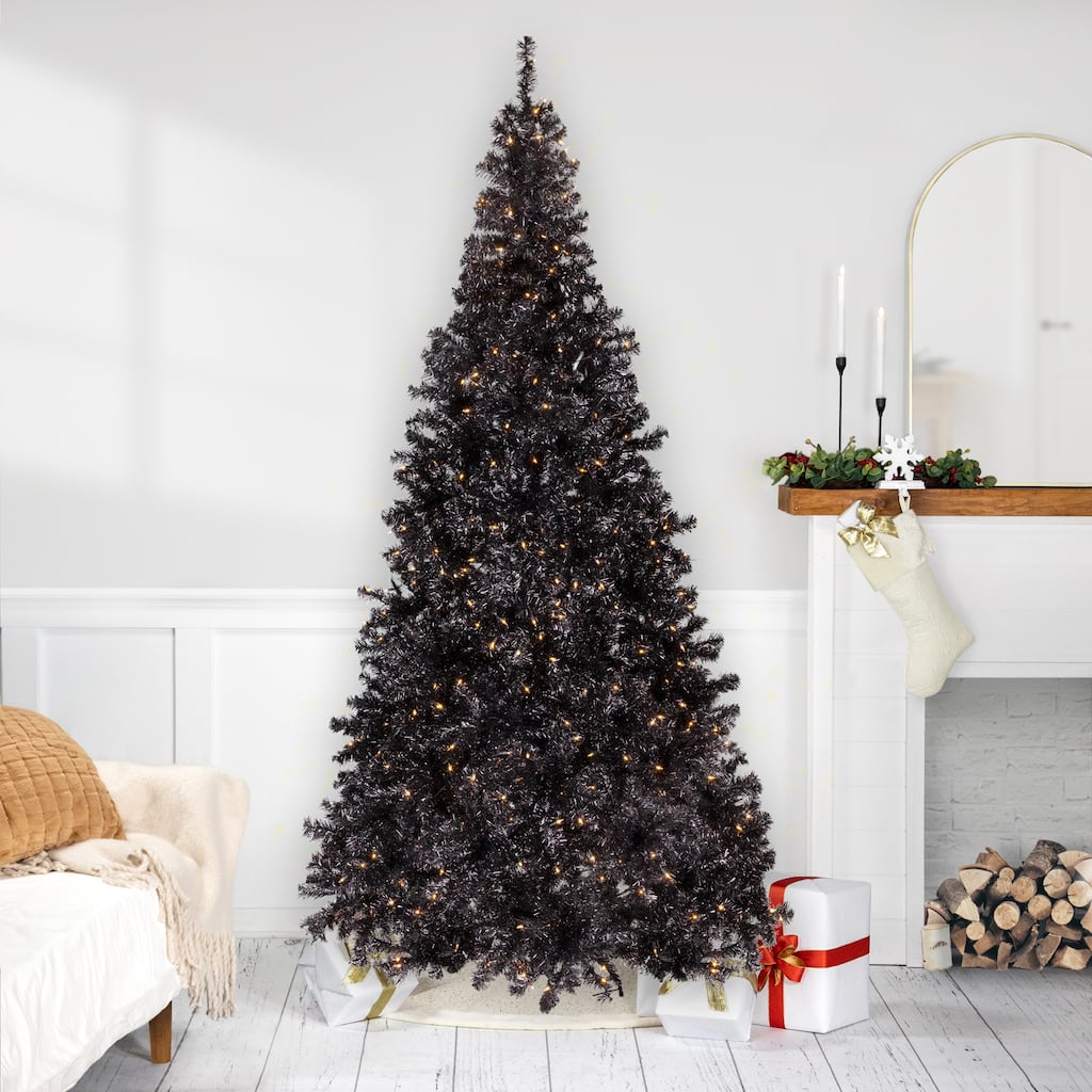 Pre-Lit Artificial Tinsel Halloween Tree - 9' - Black - Clear Lights - 9 Foot
