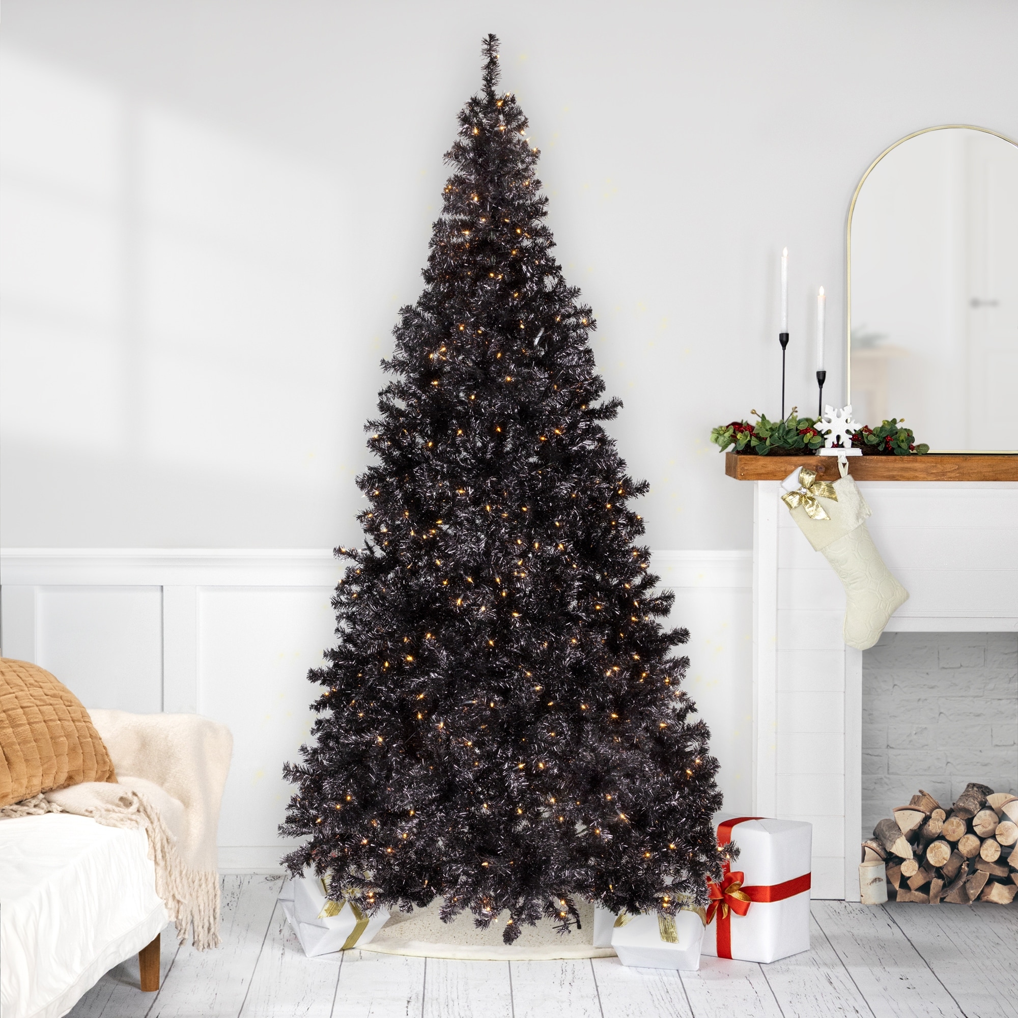 Pre-Lit Artificial Tinsel Halloween Tree - 9' - Black - Clear Lights - 9 Foot