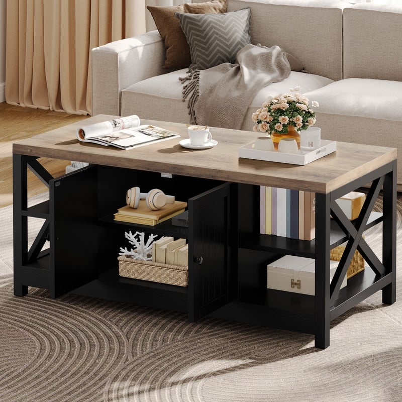 Farmhouse Wood Accent Coffee Table with Large Storage Shelf