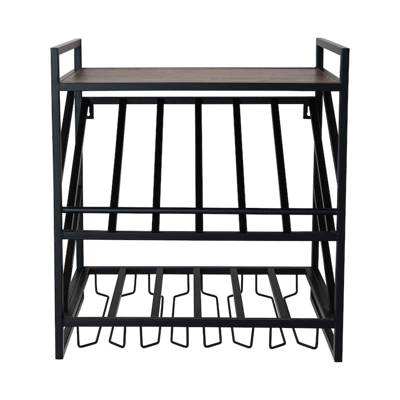 Metal and Mango Wood Wall Shelf with Bottle and Stemmed Glass Holders - 21.25"L x 12.25"W x 23.0"H - Matte Black