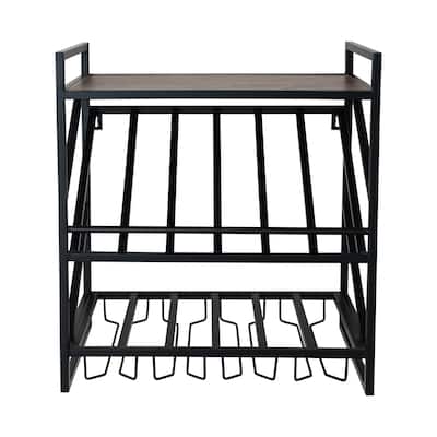 Metal and Mango Wood Wall Shelf with Bottle and Stemmed Glass Holders - 21.25"L x 12.25"W x 23.0"H
