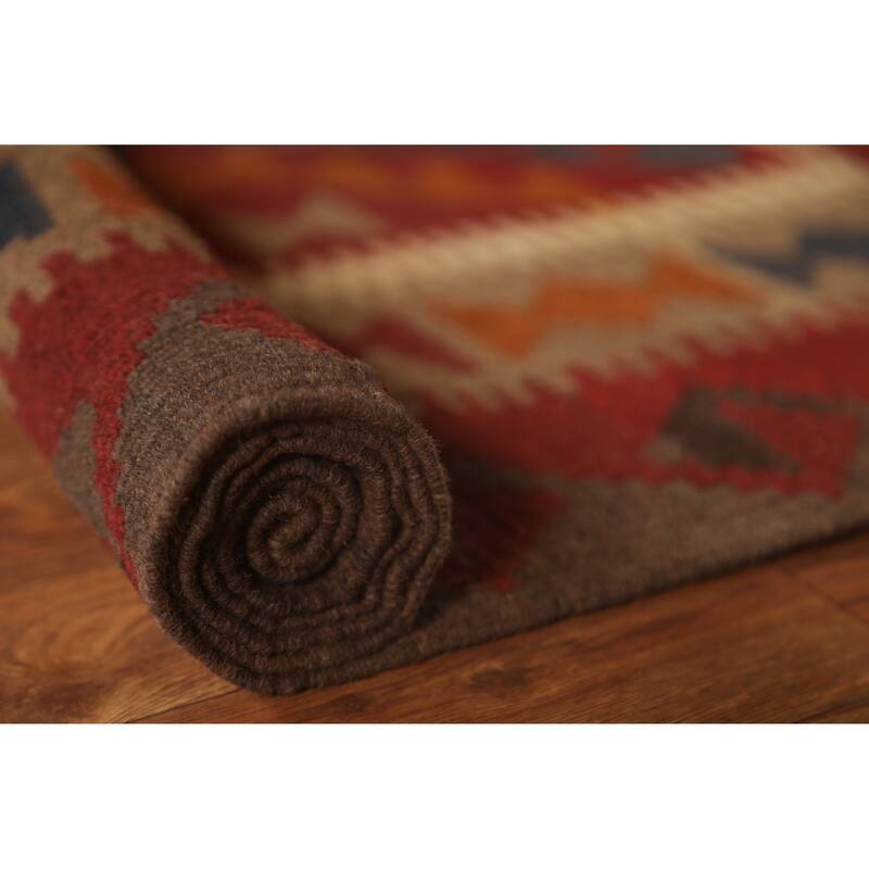 Tribal Geometric Kilim Area Rug Hand-woven Oriental Wool Carpet - 5'5" x 6'7"