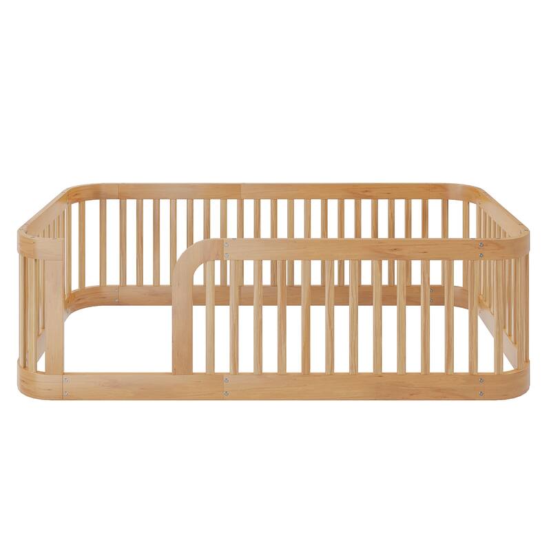 Floor Bed Frame with Fence, Montessori Toddler Bed, No Slats, No Doors, Rounded Corners Wooden Bed