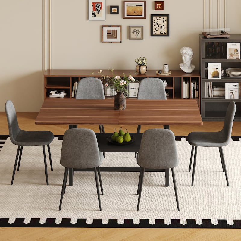 7-Piece Modern Dining Table Set, 71x35.4 Inch Wood Grain Table with 6 Linen-Cotton High