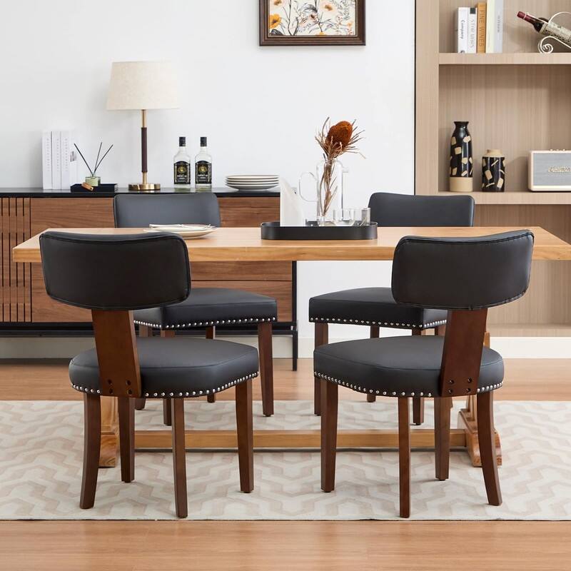 Set of 2 Modern Leather/Linen Dining Chairs - Curved Backrest w/Hardwood Frame