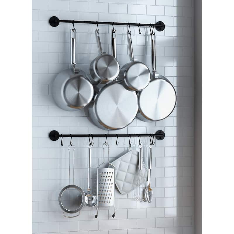 Wallniture Cucina Kitchen Utensil Holder with 20 S Hooks, Pot Racks, Black (Set of 2) - 24"