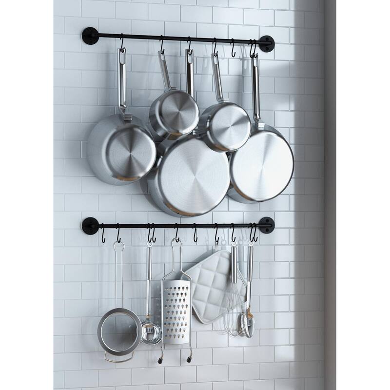 Wallniture Cucina Steel 24'' Wall Mounted Kitchen Rail with 10 Hooks, Black