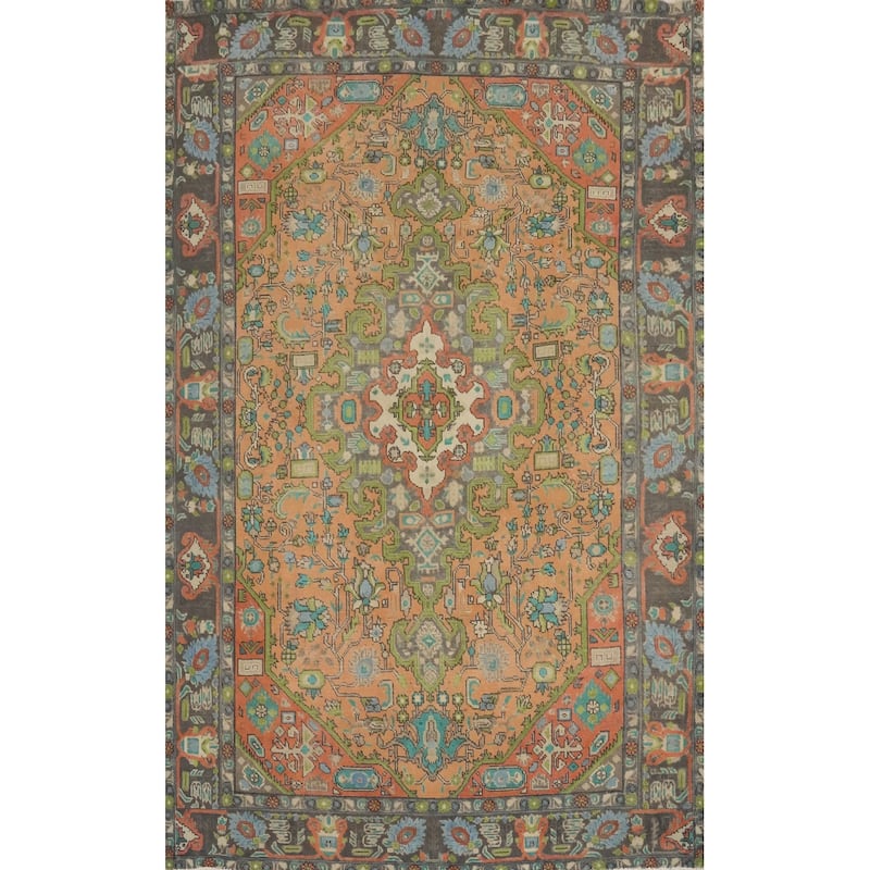 Hand Knotted Oriental 100% Wool Carpet Traditional Medallion Oranges & Rust Tabriz Area Rug - 9' 9'' X 6' 7''