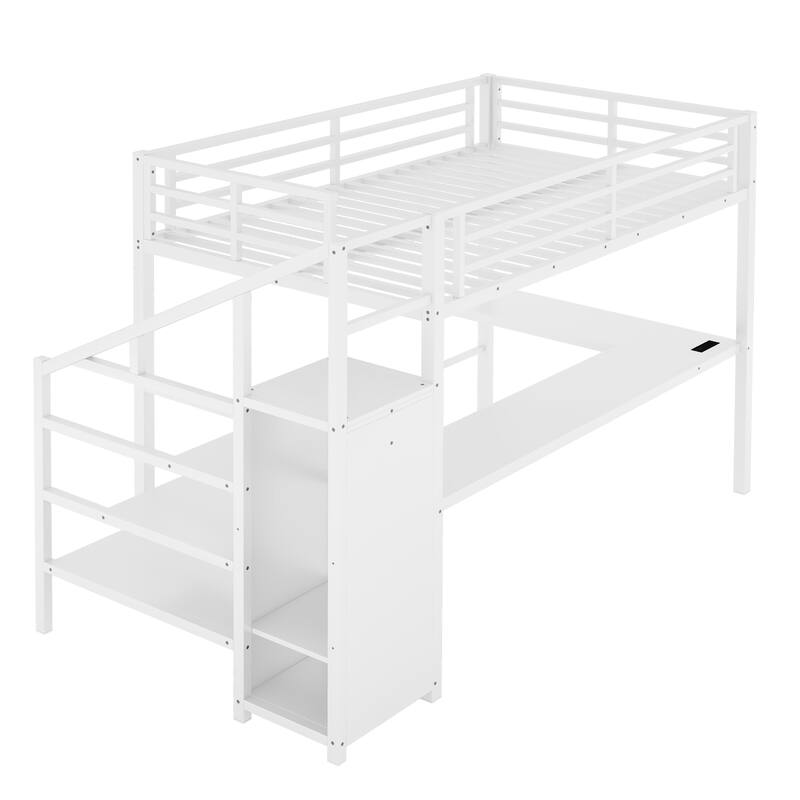 Full Size Metal Loft Bed with L-Shaped Desk, Built-In Wardrobe, USB Charging Port, Adjustable Shelf and LED Lighting