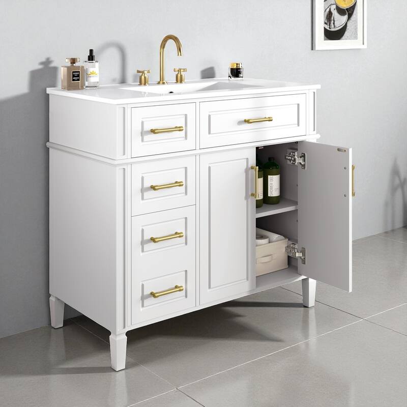36" Freestanding Bathroom Vanity with Sink, Solid Pinewood & MDF Cabinet, 4 Drawers, 2 Doors, Gold Metal Handles