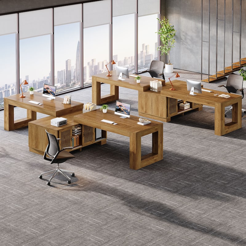 L Shaped Executive Desk with Storage Cabinets and 2-Tier Shelf