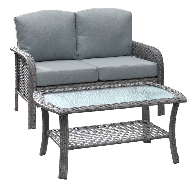 XIZZI 2-piece Outdoor Furniture Wicker Loveseat Sofa Set with Coffee Table