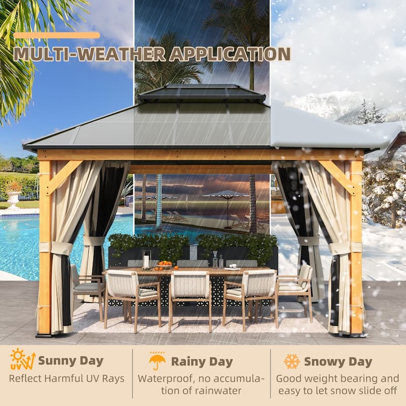 EROMMY Outdoor Wood Gazebo with Double Polycarbonate Roof, Heavy Duty Backyard Patio Pergola Canopy for Garden Shade