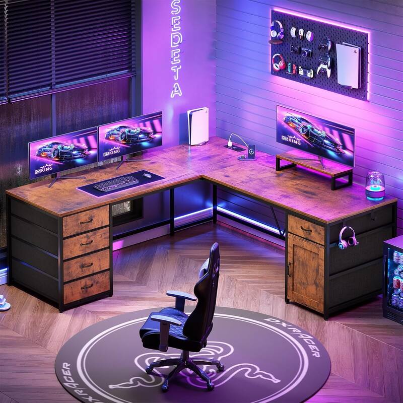 L Shaped Computer Desk 5 fabric Drawers Gaming Desk Storage Shelf - 63" - Brown