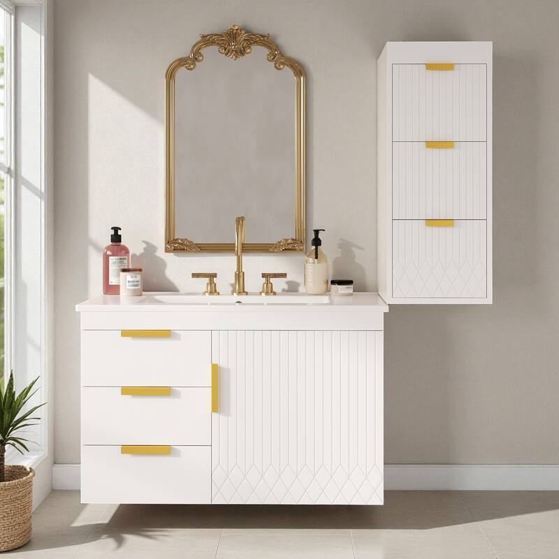 12" Wall Mounted Floating Bathroom Side Cabinet with Drawers, Modern MDF Storage Cabinet with L-Shape Handles