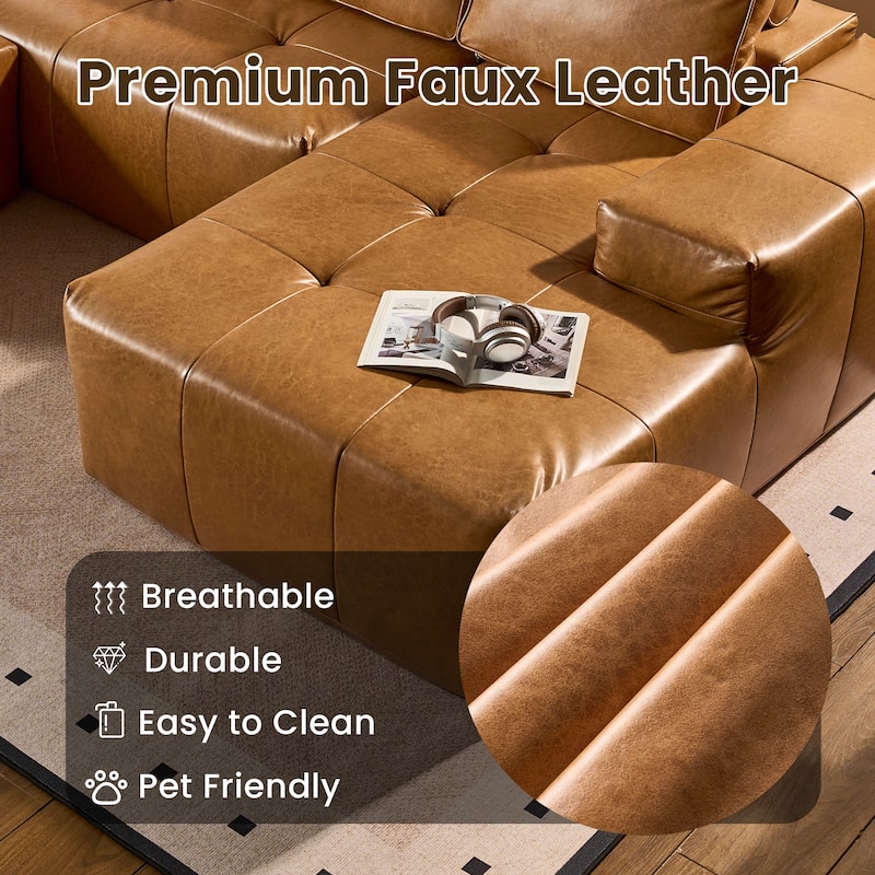 HOOOWOOO Mid-Century Modern Leather L-shaped Sectional Sofa Couch with Ottoman