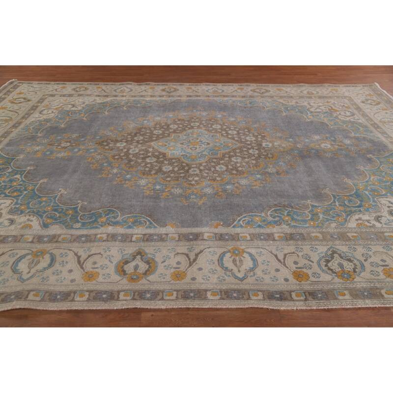 Hand Knotted Oriental 100% Wool Carpet Traditional Medallion Greys & Charcoal Tabriz Area Rug - 12' 8'' X 9' 6''