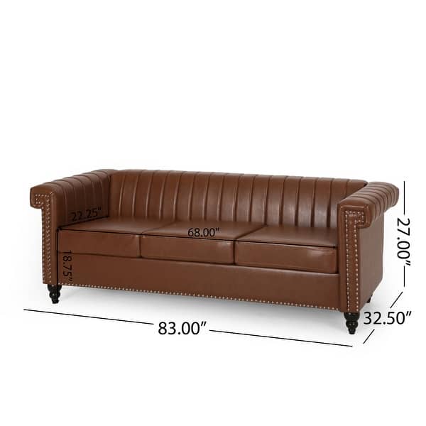 dimension image slide 3 of 4, Drury Channel Stitch Faux Leather Sofa with Nailhead Trim by Christopher Knight Home - 83.00" L x 32.50" W x 27.00" H