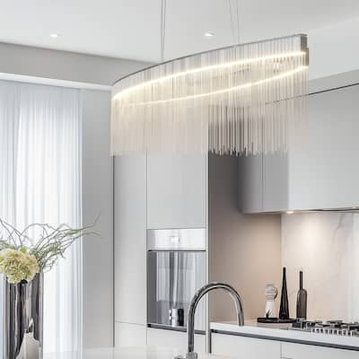 Modern LED Tassel Linear Chandelier Luxury Silver Pendant Light Home