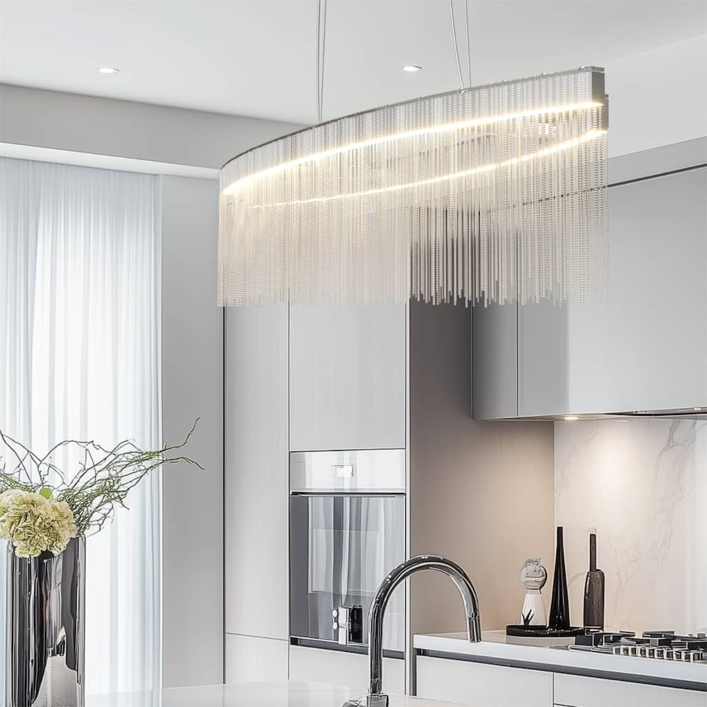 Modern LED Tassel Linear Chandelier Luxury Silver Pendant Light Home