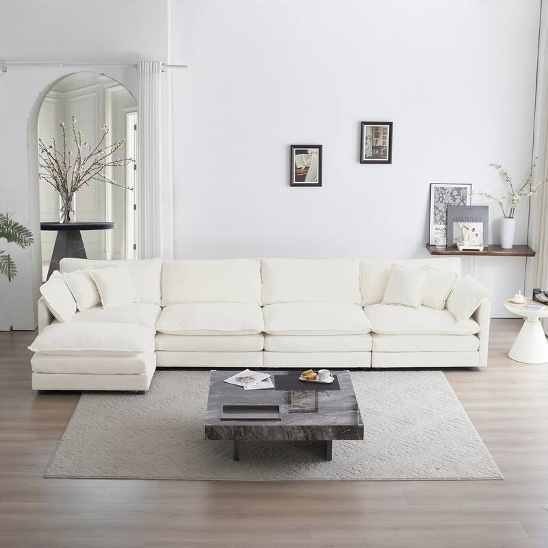 Modular L-Shaped Sectional Sofa, 5-Seater Chenille Upholstered Convertible Couch with 1 Ottoman